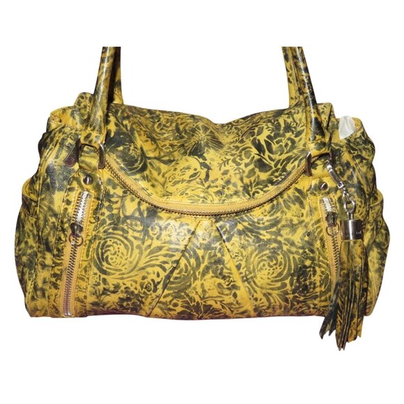 BOTKIER Morgan Indonesian Lamb leather tassel satchel Yellow Green floral print - Picture 1 of 16